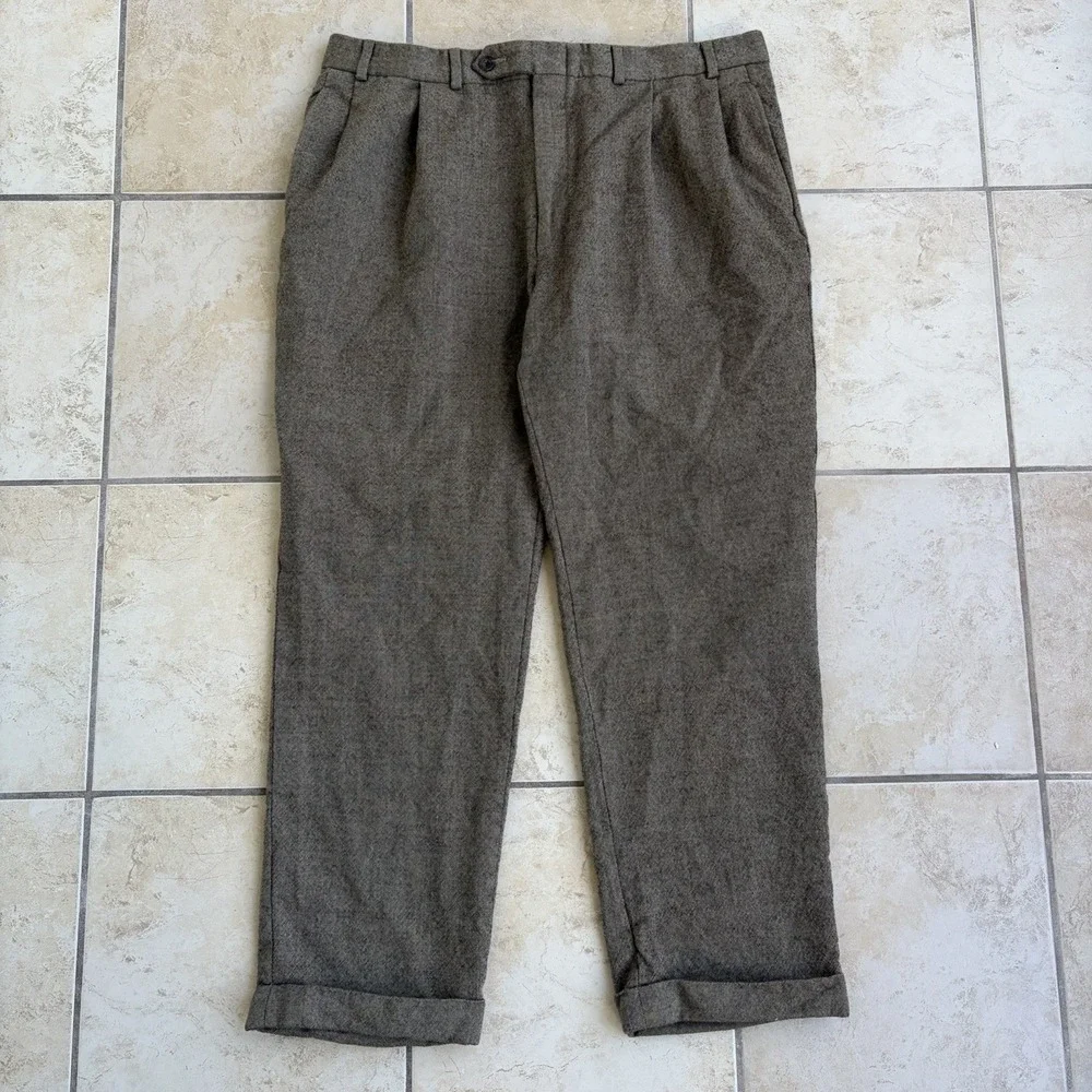 Nautica Pants Mens 38x30 Tan Brown Wool Tweed Pleated Cuffed Dress Trouser Retro